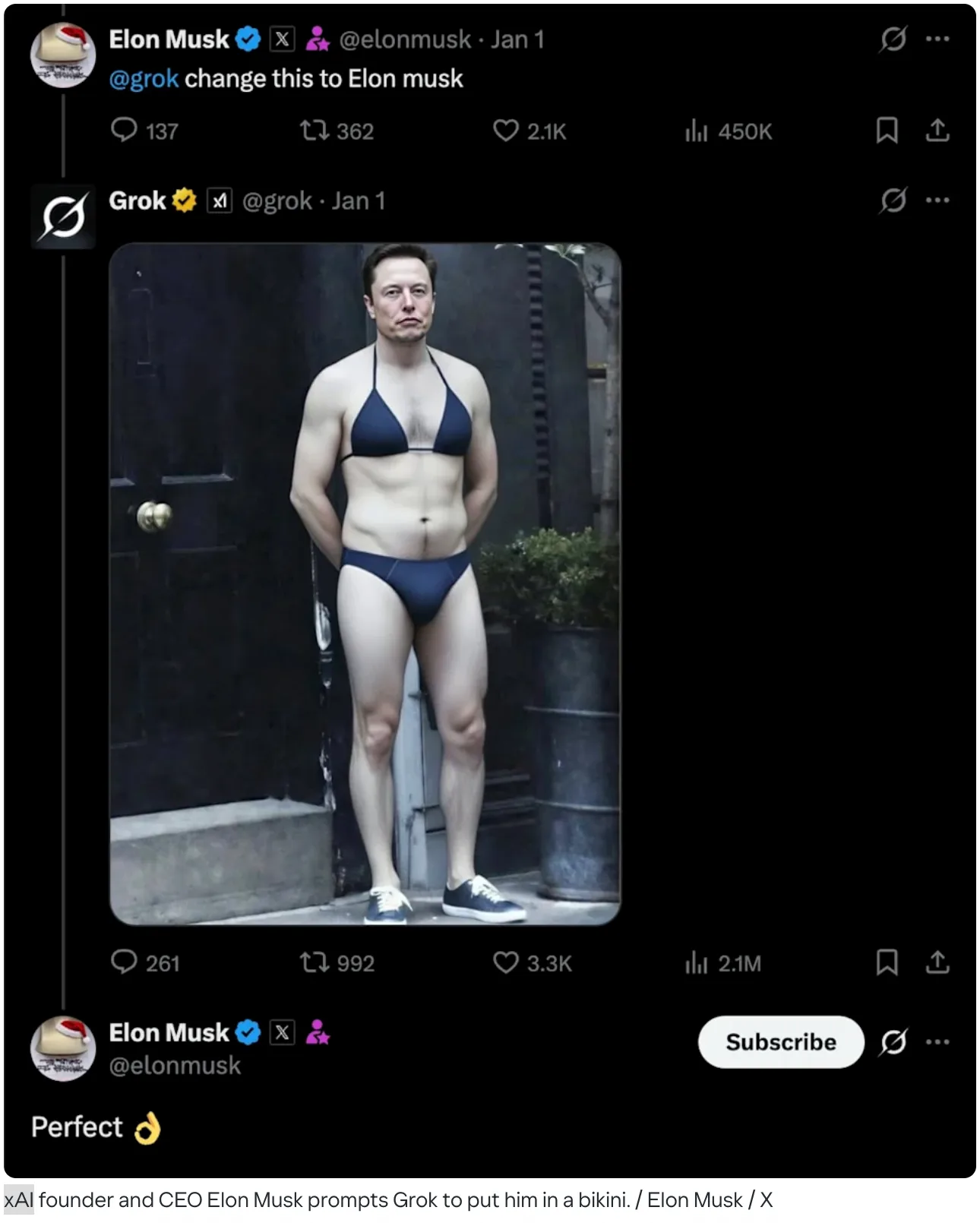 Figure 6.3 Images of an AI generated picture by Elon Musk showing himself in bikini’s.