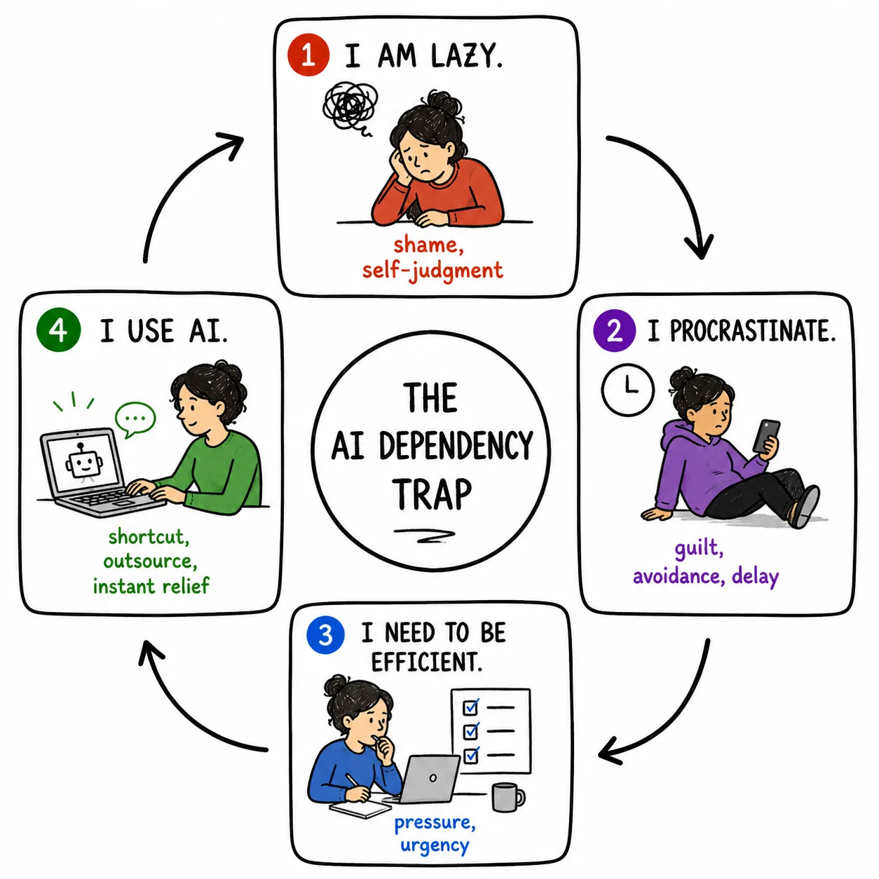 Figuur 3.1 SBE’s weergave van de negatieve cyclus van generatieve AI, ook wel de ‘AI-afhankelijkheidsvalkuil’ genoemd.